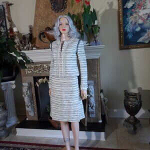 Tory Burch Ivory & Blue Woven Bouclé Cotton Embellished Skirt Suit Size 2